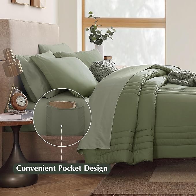 Monbix Full Comforter Set - 7 Pieces Light Sage Green Bed in a Bag Full Size Bedding Sets with Comforters, All Seasons Down Alternative Comforter with Sheets,Pillowcases & Shams