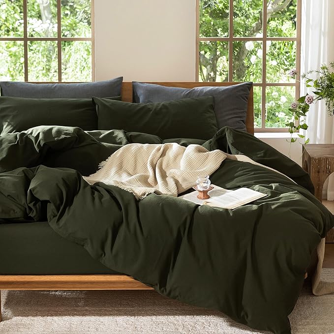 MooMee Bedding Duvet Cover Set 100% Washed Cotton Linen Like Textured Breathable Durable Soft Comfy (Solid Olive Green, Queen 90"x90")