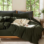 MooMee Bedding Duvet Cover Set 100% Washed Cotton Linen Like Textured Breathable Durable Soft Comfy (Solid Olive Green, Palatial King/Oversized King 120"x98")