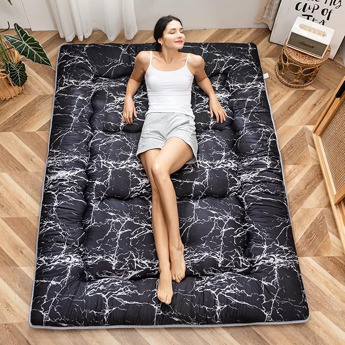 MAXYOYO Black Marble Printed Japanese Futon Floor Mattress, Thicken Sleeping Pad Floor Bed Roll Up Camping Mattress Folding Couch Bed Mattress Topper Guest Floor Mattress King