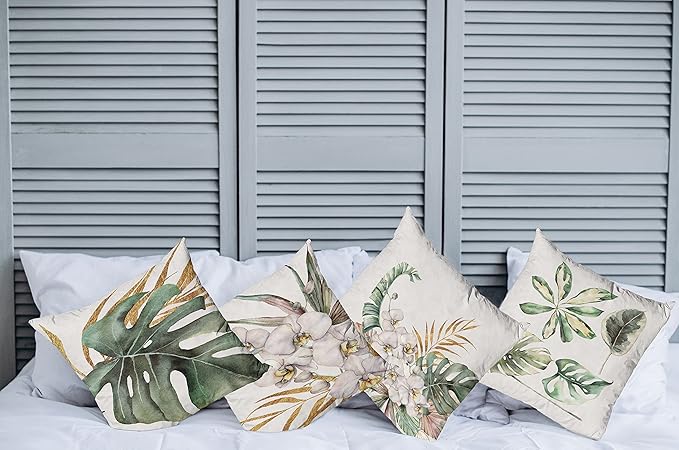 Ambesonne Vintage Tropical Throw Pillow Cushion Case Pack of 4, Retro Botanical Summer Vibes Monstera Leaf Orchid Flowers, Modern Accent Double-Sided Digital Printing, 18", Laurel Green Ginger Blush