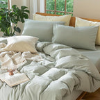 MooMee Bedding Duvet Cover Set 100% Washed Cotton Linen Like Textured Breathable Durable Soft Comfy (Heathered Sage Green, Oversized King Plus 128"x120")