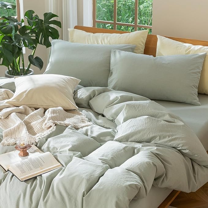MooMee Bedding Duvet Cover Set 100% Washed Cotton Linen Like Textured Breathable Durable Soft Comfy (Heathered Sage Green, King 104"x90")