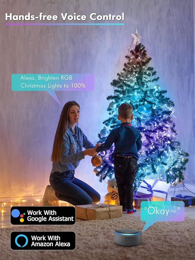 BrizLabs Smart Christmas Fairy Lights, 33ft 100 LED Color Changing Christmas Lights Work with Alexa & Google Home, Rainbow Xmas Light Dimmable Xmas Tree Lighting Green Wire for Xmas Halloween Party
