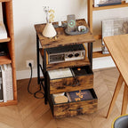 Fixwal Rustic Brown Night Stand with Charger Station, Nightstand with Charging Station & Fabric Drawers
