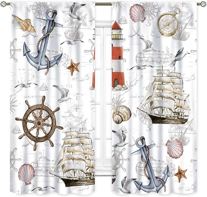 Nautical Kitchen Curtains, Vintage Marine Coastal Sailboat Compass Anchor Ocean Beach Lighthouse Watercolor Decorative Drapes for Bedroom Living Room Kitchen Bathroom Window 2 Panels Set, 52"x84" Inch