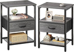 Huuger Nightstand Set of 2, Night Stand with Fabric Drawer, Mesh Shelf, Side Table with Storage, Fabric Drawer Dresser, Open Shelf, Metal Frame, Bedroom, Grey