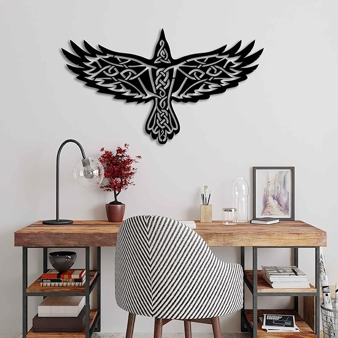 KAWA METALWORKS Nordic Viking Raven Metal Wall Art Decor, Norse Mythology Sculpture, Odin's Raven Wall Decor (White, Large - 20.4" x 36" H x W)