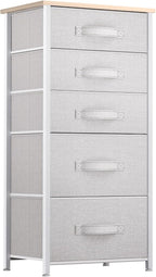 YITAHOME Tall 5 Drawer Dresser - Fabric Storage Tower, Organizer Unit for Bedroom, Living Room, Hallway, Closets - Sturdy Steel Frame, Wooden Top & Easy Pull Fabric Bins - Light Grey