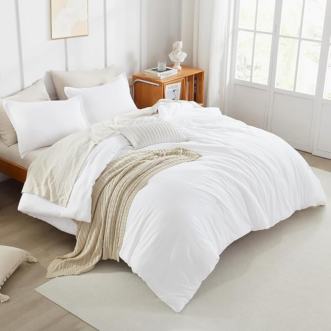 Litanika White Comforters Oversized Queen Size, 3 Pieces Lightweight Solid Bedding Comforter Set, All Season Fluffy Bed Set (98x98In Comforter & 2 Pillowcases)