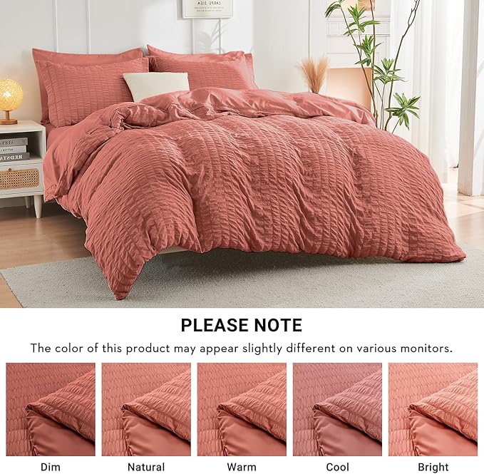 HYMOKEGE Coral Queen Comforter Set Seersucker 7 Pieces, All Season Luxury Bed in a Bag Queen for Bedroom, Bedding Set with Comforter, Sheets, Pillowcases & Shams