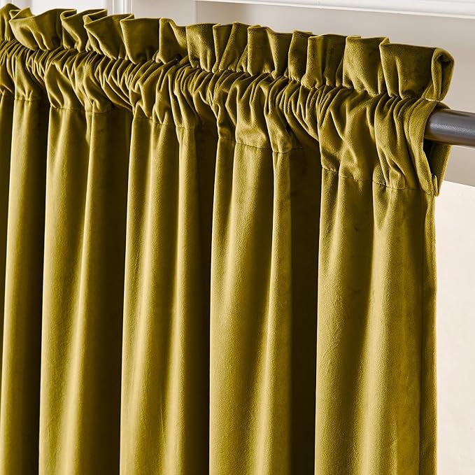 Lazzzy Velvet Blackout Curtains Thermal Insulated Room Window Drapes Super Soft Luxury Curtains for Living Room Bedroom Rod Pocket 2 Panels, Golden Olive, 52" W x 84" L