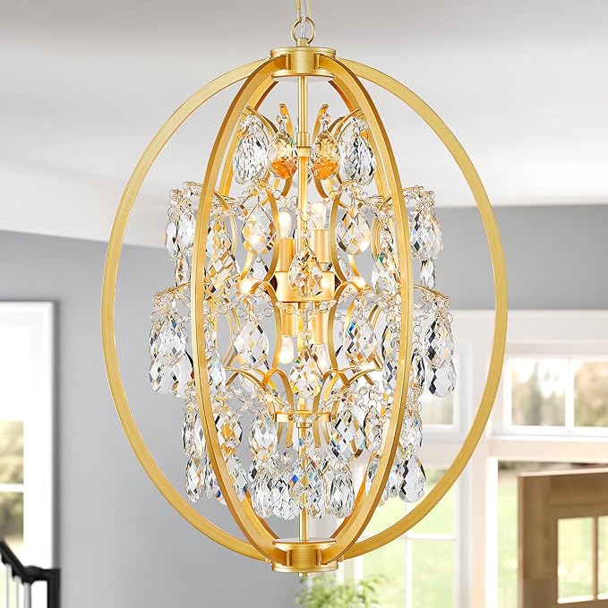WUZUPS Globe Crystal Chandelier Raindrop Pendant Flushmount Ceiling Light Modern Lighting Fixture for Bedroom Hallway Bar Kitchen Bathroom, H 23.6" x W 19.7", Gold, 8 E12 Base
