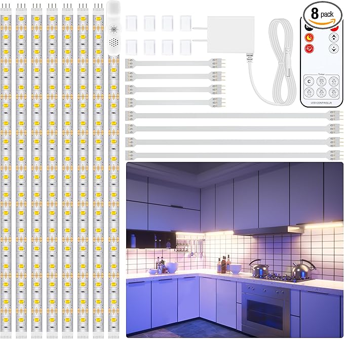 LAFULIT 8 PCS Under Cabinet Lighting Kit, Bright Under Cabinet Lights, Flexible Led Strip Lights with RF Remote and Power Adapter, for Kitchen Cabinet Shelf Desk Counter, 4000K Neutral White, 13ft