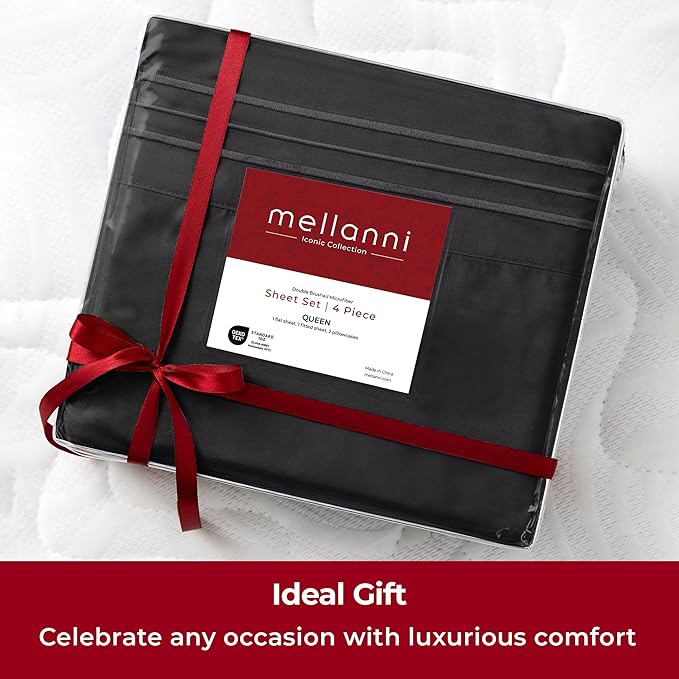 Mellanni Extra Deep Split King Sheets - 5 PC Iconic Collection Bedding - Hotel Luxury, Ultra Soft, Cooling Bed Sheets - Wrinkle, Fade, Stain Resistant (Split King, Black)