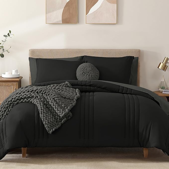 Monbix King Size Comforter Set - 7 Pieces Bed in a Bag King, Black Bedding Sets with Comforter, All Seasons Down Alternative Comforter Bed Set with Sheets, Pillowcases & Shams