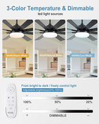 62 Inch Ceiling Fans with Lights,Large Modern Ceiling fan with Remote and 8 Wooden Blades,Dimmable,6 Speeds,Noiseless Reversible Indoor&Outdoor Fan for Bedroom,Patio,Living Room