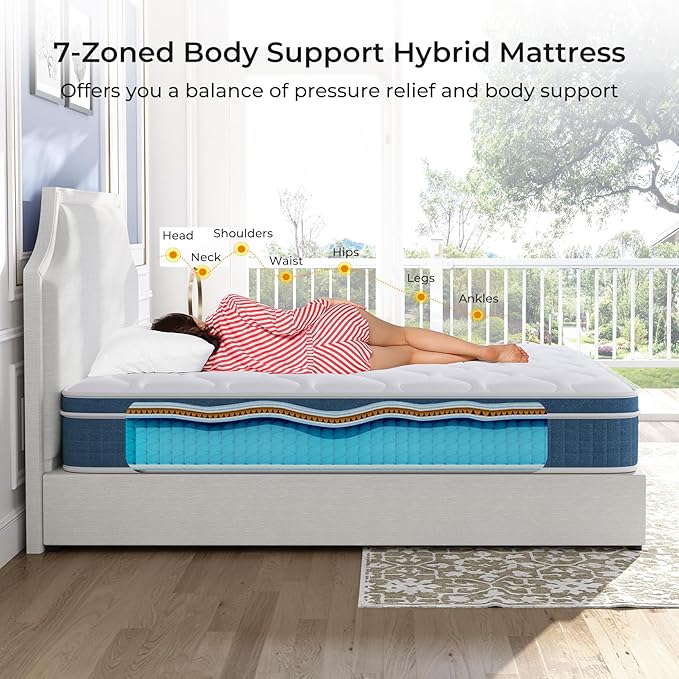 koorlian Twin XL Mattress 12 Inch - Cooling Hybrid Mattress in a Box for Back Pain Relief - Pocket Spring & Memory Foam | Fiberglass-Free, Medium Firm Feel, CertiPUR-US, 120 Nights Trial