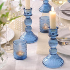 DARJEN Blue Candlestick Holders Set of 4 - Vertical Stripe Glass Candle Holders for Candlesticks and Taper Candles, Taper Candle Holder for Wedding Shower, Party, Dinner Table Decor