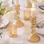 DARJEN Gold Candlestick Holders Set of 4 - Vertical Stripe Glass Candle Holders for Candlesticks and Taper Candles, Taper Candle Holder for Wedding, Party, Home Decor & Table Centerpieces
