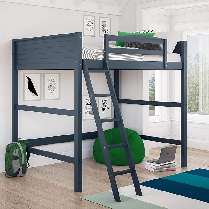 DHP Denver Full Size Loft Bed, Blue - Kids Loft Bed with Desk, Play Area, and Guardrails