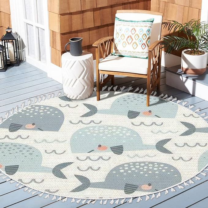 Round Boho Pastel Colours Whale in The Waves Seamless Cute Ocean Creatures Area Rug Linen Carpet Patio Hallway Runner Mat Pad Minimalist Home Decor for Living Room Outdoor