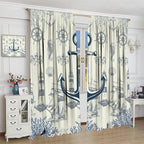 Nautical Anchor Curtains, Vintage Sailboat Ocean Coastal Lighthouse Window Drapes, Navy Blue Coral Shell Seahorse Beach Print Blackout Window Treatments for Living Room Bedroom 72x63in