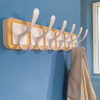 SKOLOO Scandi-Style Wooden Carved-Block Coat Hook & Hanger - Wall Mount with 6 Hooks for Clothing & Accessories, Natural & White