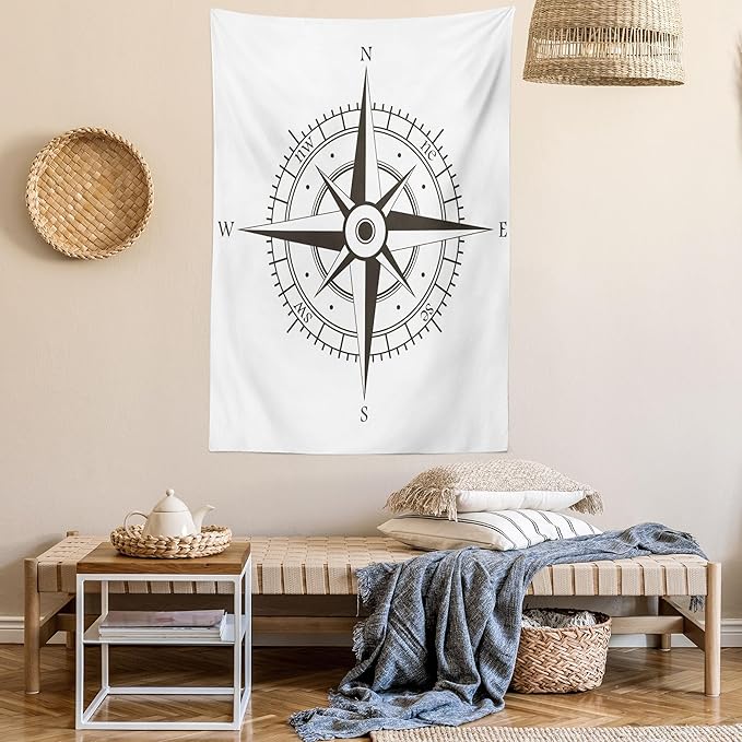Ambesonne Compass Tapestry, Wind Rose Old Fashion Navigational Equipments Orienteering Illustration Print, Wall Hanging for Bedroom Living Room Dorm Decor, 40" X 60", Evergreen White