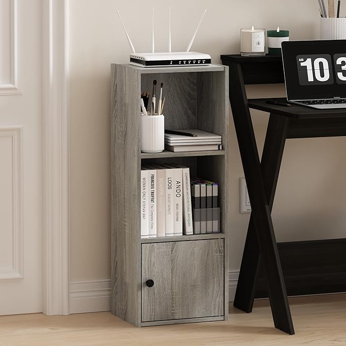 Furinno LUDER Book Shelf, 3-Tier Modern Bookshelf, Bookcase with 1 Door Storage Cabinet, 9.3" x 12" x 31.5", for Living Room, Bedroom, Home Office, French Oak