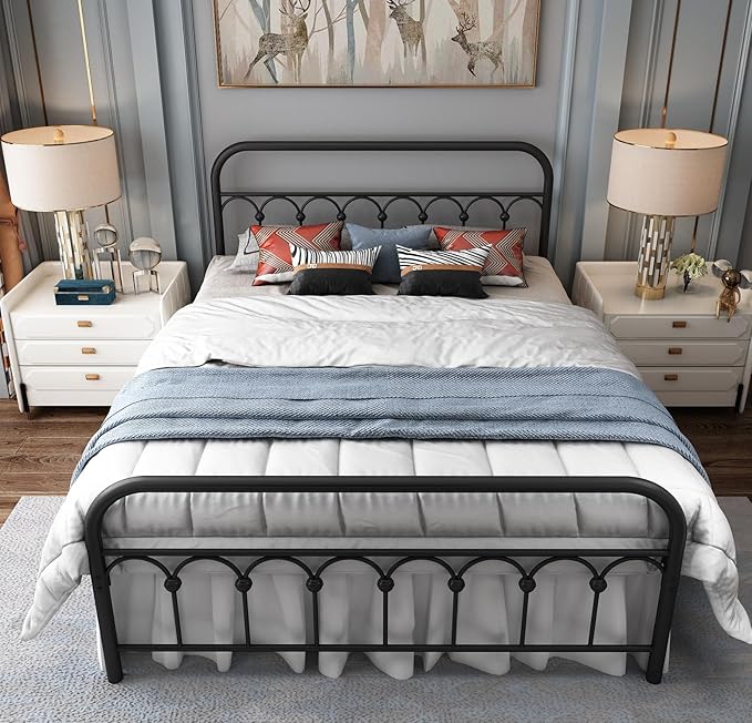 YALAXON Vintage Sturdy Full Size Metal Bed Frame Basic with Headboard and Footboard,No Box Spring Needed,Under Bed Storage (Full,Black)