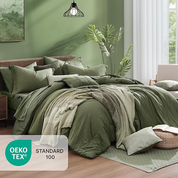 Monbix King Size Comforter Set, Olive Green King Bed Set Reversible, King Size Comforter Set 7 Pieces, Cationic Dyeing Bed in a Bag with Comforter, Sheets, Pillowcases & Shams