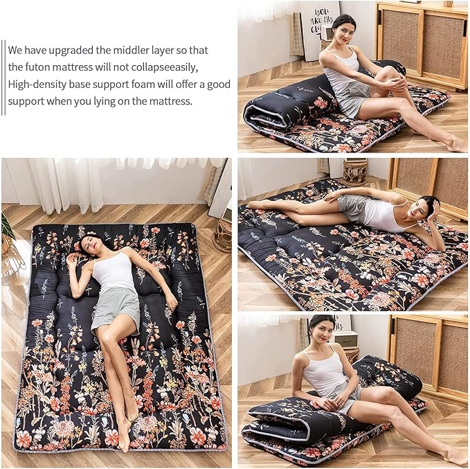 MAXYOYO Black Floral Japanese Futon Floor Mattress, Bed Mattress Topper Portable Thick Sleeping Pad Floor Bed Roll Up Camping Mattress Folding Couch Bed Mattress Pad for Guest Room King