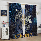 Viking Wolf Curtains Blue Rune Nordic Gothic Animal Curtains Dark Ancient Totem Mythological Pattern Printed Curtains Boys Bedroom Living Room Decoration Blackout Curtains W55 * L63 Inch