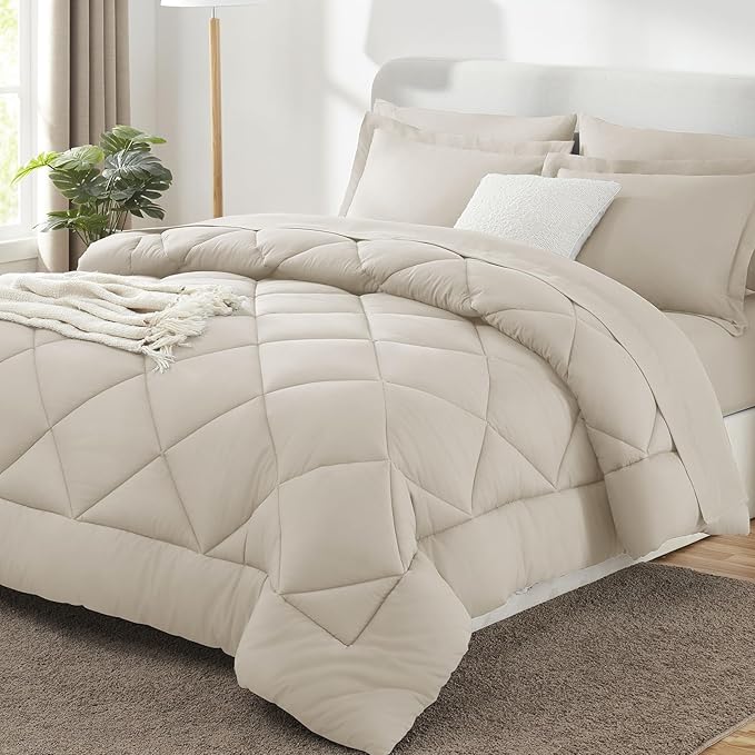 CozyLux King Size Comforter Set Beige - 7 Pieces Bed in a Bag King, Luxury Soft Bed Set for All Seasons, Bedding Set with Down Alternative Comforter, Sheets, Pillowcases & Shams