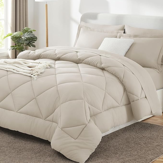 CozyLux Full Size Comforter Sets Beige - 7 Pieces Bed in a Bag Full, Luxury Soft Bed Set for All Seasons, Bedding Set with Down Alternative Comforter, Sheets, Pillowcases & Shams