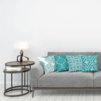 Ambesonne Vintage Throw Pillow Cushion Case Pack of 4, Monochrome Design Grid Trellis Quatrefoil Mesh and Dahlia Flowers Modern Print, Modern Accent Double-Sided Digital Printing, 20", Teal and White