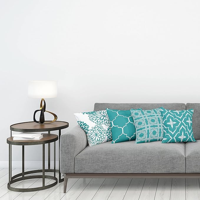 Ambesonne Vintage Throw Pillow Cushion Case Pack of 4, Monochrome Design Grid Trellis Quatrefoil Mesh and Dahlia Flowers Modern Print, Modern Accent Double-Sided Digital Printing, 24", Teal and White