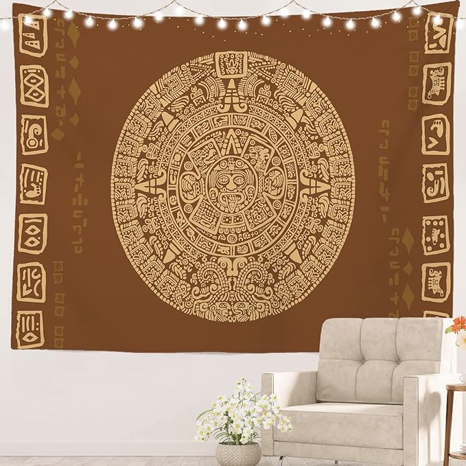 Batmerry Mayan American Aztec Tapestry, Ancient Aztec Calendar Picnic Mat Hippie Trippy Tapestry Wall Art Meditation Decor for Bedroom Living Room Dorm, 59.1 x 82.7 Inches, Latin