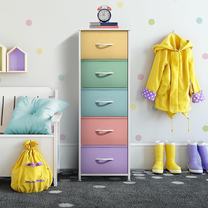 Sorbus Fabric Dresser for Kids Bedroom - Chest of 5 Drawers, Tall Storage Tower, Clothing Organizer, for Closet, for Playroom, for Nursery, Steel Frame, Fabric Bins - Wood Handle (Pastel)