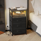 Fixwal Night Stand with Charging Station, LED Nightstand with U-S-B Ports and Outlets, 3 Fabric Storage Drawers with PU Finish, Bed Side Table, Charcoal Gray