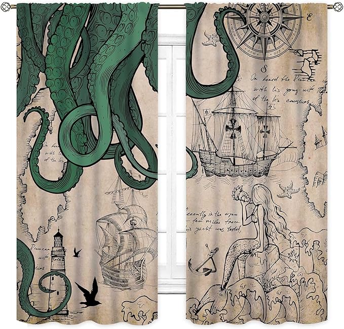 Nautical Octopus Curtains, Coastal Old Pirate Map Sailboat Compass Vintage Magic Ocean Kraken Octopus Tentacles Window Drapery Treatment for Bedroom Living Room Kitchen Bathroom 2 Panels, 84"x84" Inch