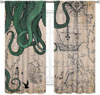Nautical Octopus Curtains, Coastal Old Pirate Map Sailboat Compass Vintage Magic Ocean Kraken Octopus Tentacles Window Drapery Treatment for Bedroom Living Room Kitchen Bathroom 2 Panels, 63"x63" Inch