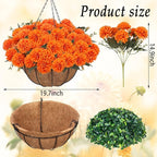 Fall Mums Artificial Flowers Hanging Basket for Outdoor Fall Porch Decor Fake Marigolds 6 Bundle Faux Silk Orange Flower Bouquet Chrysanthemum UV Resistant Realistic Plant for Autumn Table Home Decor
