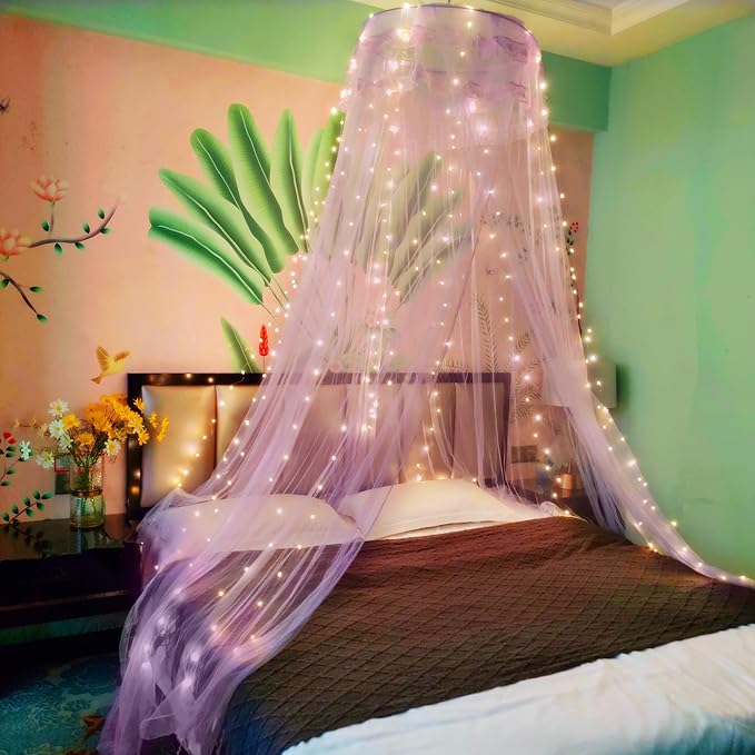 Eimilaly Lace Bed Canopy Mosquito Netting, Princess Bed Canopy for Girls Room Decor, Purple/Single Door