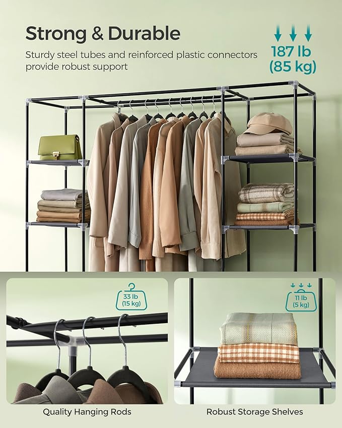 SONGMICS Closet Wardrobe, Portable Closet for Bedroom, Clothes Rail with Non-Woven Fabric Cover, Clothes Storage Organizer, 59 x 17.7 x 69 Inches, 12 Compartments, Gray ULSF03G
