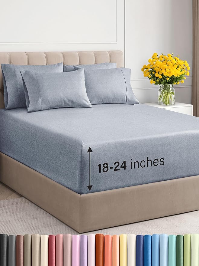 Extra Deep King Sheet Set - 6 Piece Breathable and Cooling Sheets - Hotel Luxury Bed Sheets Set - Easy Fit - Soft, Wrinkle Free and Comfy Sheets Set - Heathered Blue Sheet Set with Extra Deep Pockets