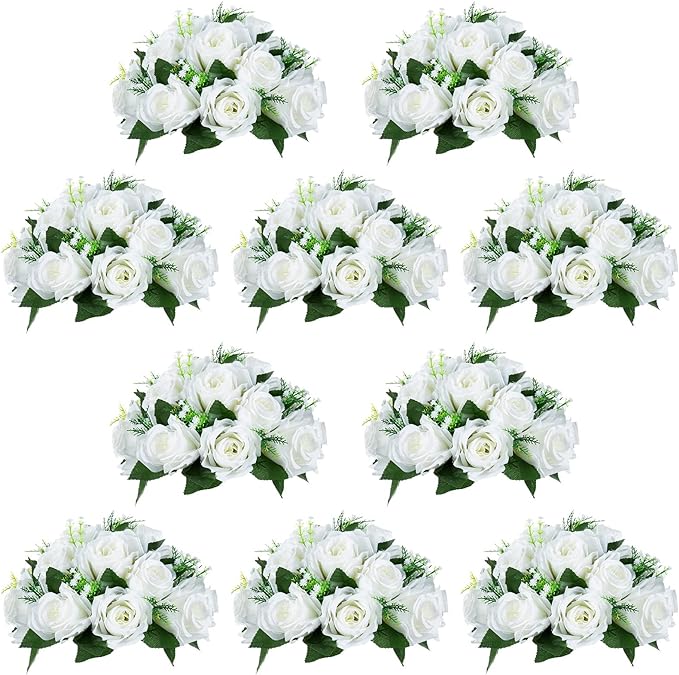 NUPTIO 10 Pieces White Fake Flower Ball Arrangement Bouquet 15 Heads Plastic Roses with Base, Suitable for Wedding Centerpiece Flower Rack for Parties Home Décor
