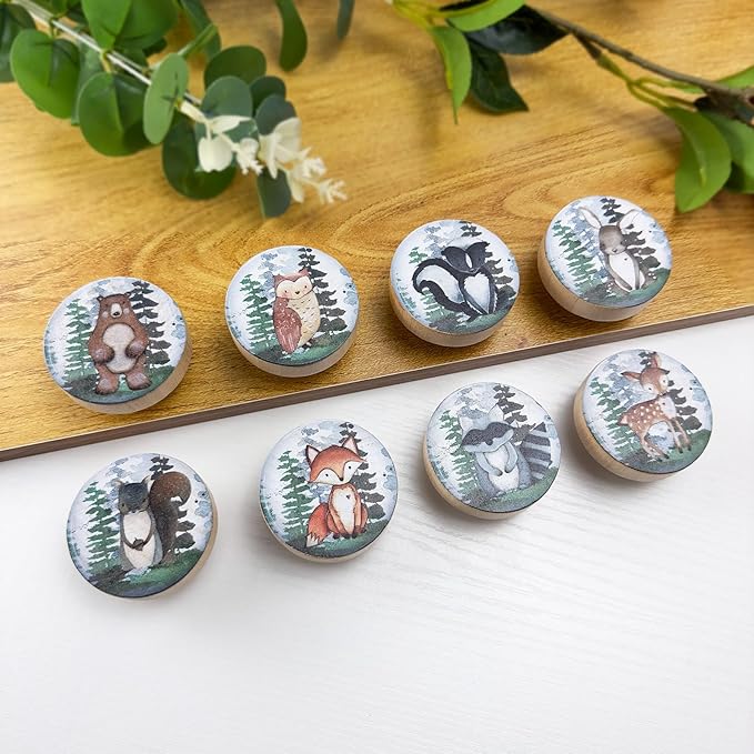 Set of 8 1.8" Wooden Cute Safari Animal Cabinet Knob Decorative Wood Kids Furniture Dresser Drawer Knobs Nursery Drawer Handles