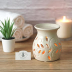 Hosley Elegant Ceramic Oil Warmers with Leaf Pattern and Speckle Design 4.5 Inches High Tealight Compatible for Aromatherapy and Home Decor Set of 3